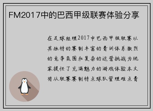 FM2017中的巴西甲级联赛体验分享